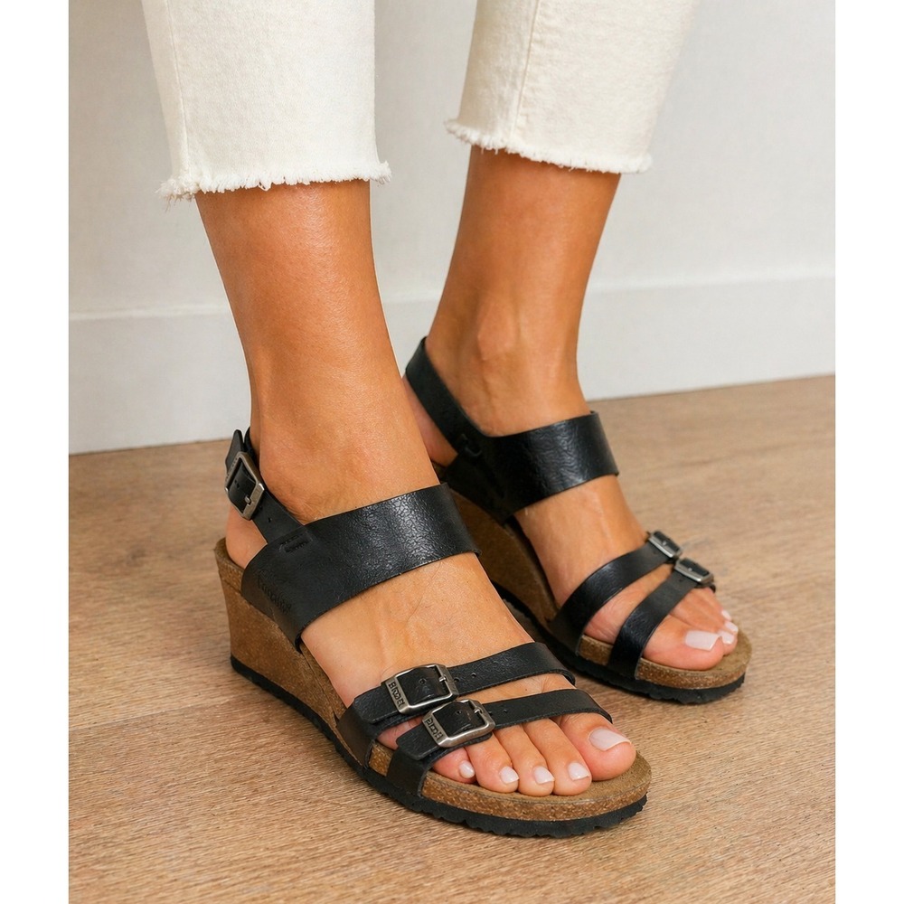 Birkenstock Papillio Ellen Wedge Sandals Women's 39 US 8 - 8.5 Black Strappy
